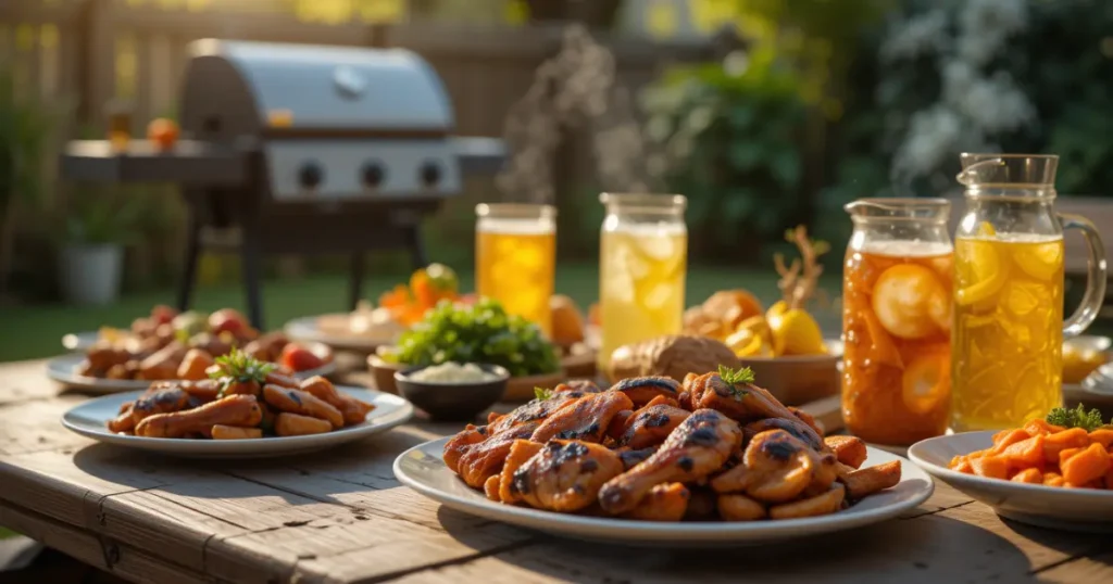 Grilled chicken marinated in San Antonio marinade served on a backyard table alongside sides and beverages, with a grill in the background.