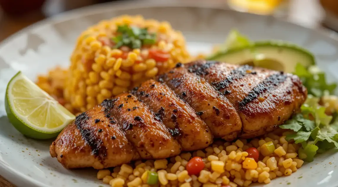 A grilled chicken breast marinated with the San Antonio marinade recipe, served with seasoned rice, fresh avocado slices, and lime wedges.