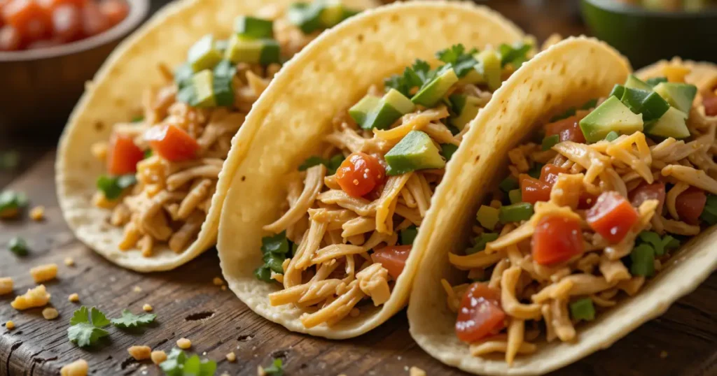  Soft tacos filled with shredded chicken marinated in San Antonio marinade, topped with diced avocado, tomatoes, and cilantro.