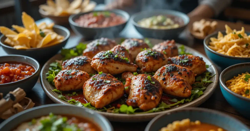 Grilled chicken marinated with San Antonio marinade served on a platter surrounded by bowls of salsa, chips, and other sides.