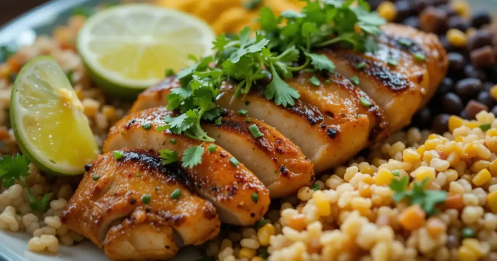 Grilled chicken breast marinated in San Antonio marinade, served with couscous, black beans, and lime wedges, garnished with fresh cilantro.