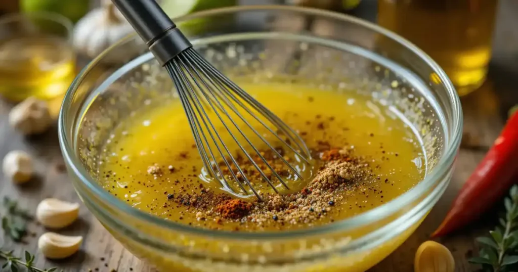 A glass bowl filled with the San Antonio marinade, featuring oil with spices and a whisk ready to mix.