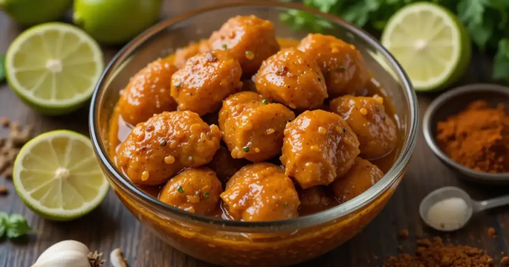 A glass bowl filled with golden, spice-coated chicken pieces prepared using the San Antonio marinade recipe, surrounded by fresh limes and spices.