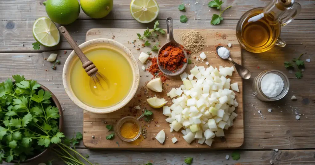 Ingredients for San Antonio marinade on a wooden cutting board, including diced onions, spices, lime, oil, and fresh cilantro.