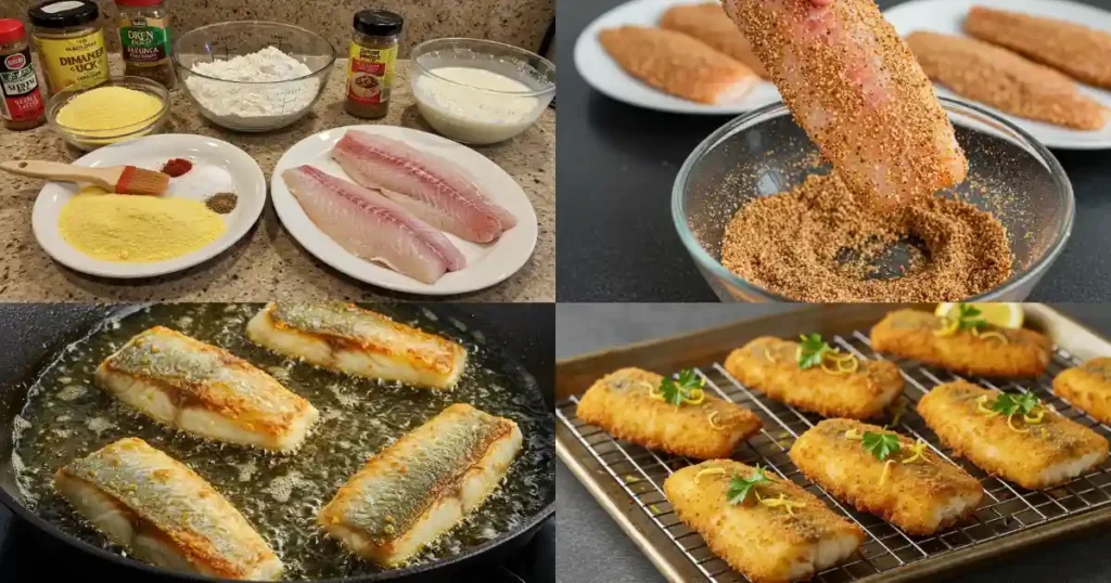 Step-by-step process of making fish with the Hillbilly Fish Fry Seasonings Recipe, from preparation to frying and serving.