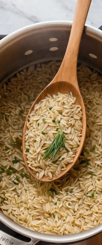 A wooden spoon lifting perfectly cooked orzo garnished with fresh rosemary from a pot of Tuscan orzo.