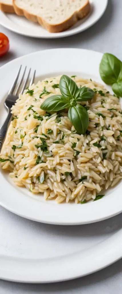 A plate of Dump and Bake Vegan Tuscan Orzo garnished with fresh basil leaves, served with a side of bread.