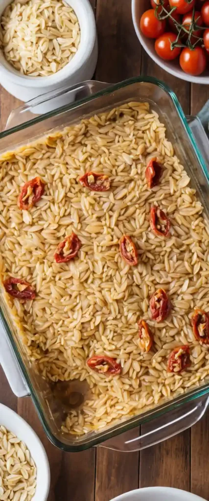 A glass baking dish filled with Dump and Bake Vegan Tuscan Orzo, topped with roasted cherry tomatoes.