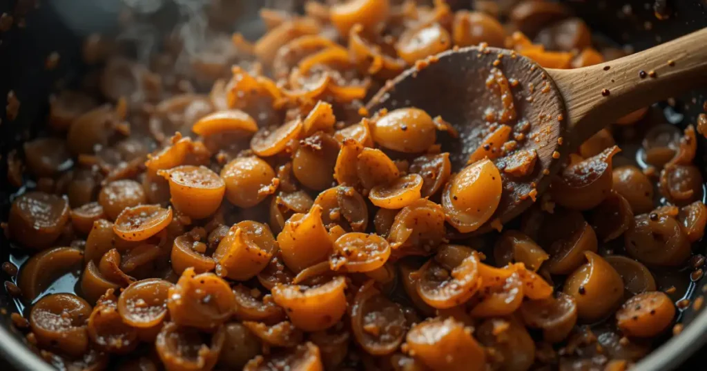 Close-up of caramelized cherry tomatoes in a pan with a wooden spoon, prepared as part of Joan Nathan’s Iconic Chickpea Soup recipe.