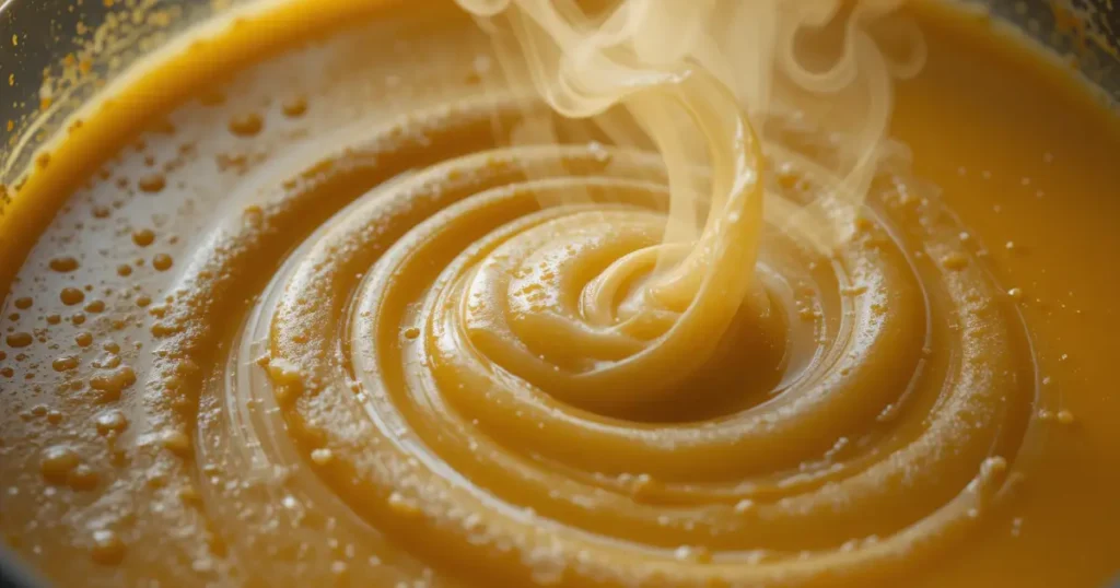 Close-up of steaming, creamy Joan Nathan’s iconic chickpea soup with a smooth, swirled texture in a pot.