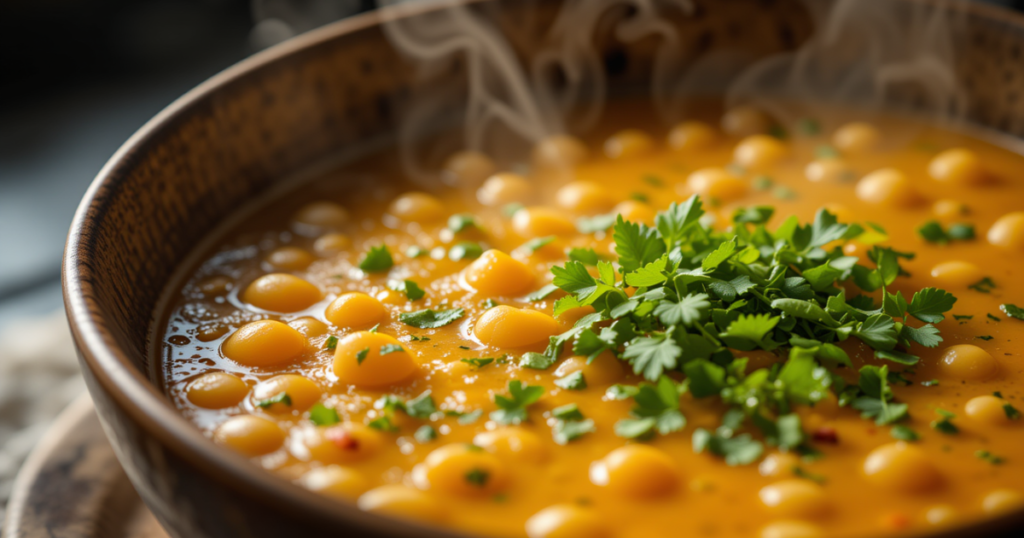 A steaming bowl of Joan Nathan’s iconic chickpea soup, garnished with fresh parsley, in a rustic brown bowl.