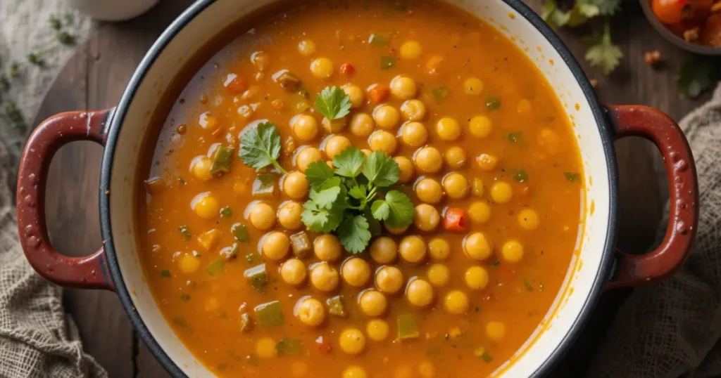 A pot of Joan Nathan’s iconic chickpea soup with a rich orange broth, tender chickpeas, and garnished with fresh cilantro.