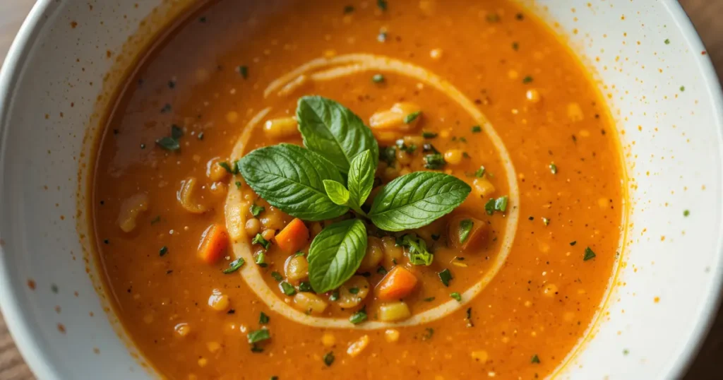 A bowl of Joan Nathan’s iconic chickpea soup with a vibrant orange broth, garnished with fresh basil leaves and sprinkled herbs.