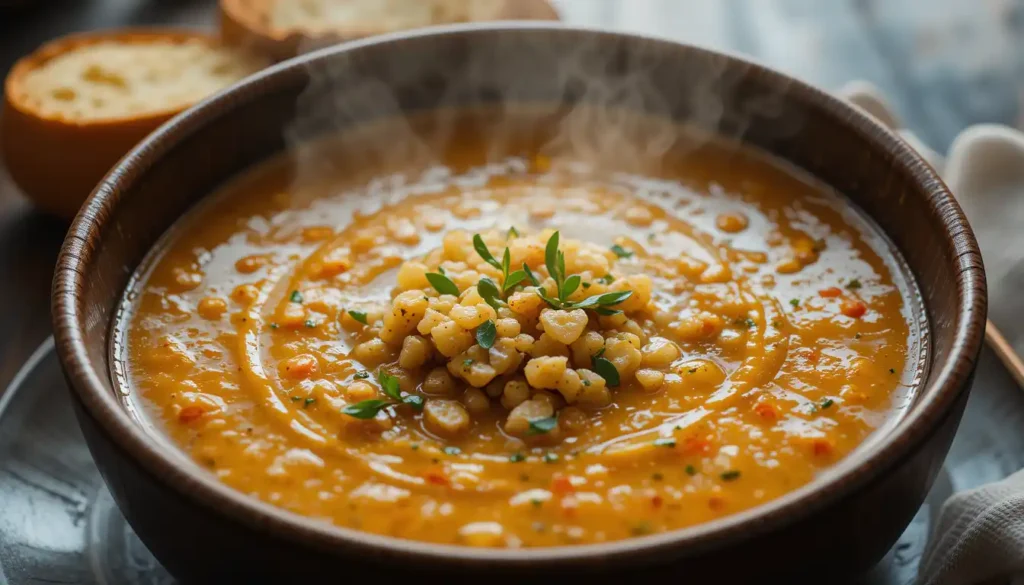 A steaming bowl of Joan Nathan’s iconic chickpea soup, garnished with fresh thyme and a swirl of creamy broth, served with crusty bread.