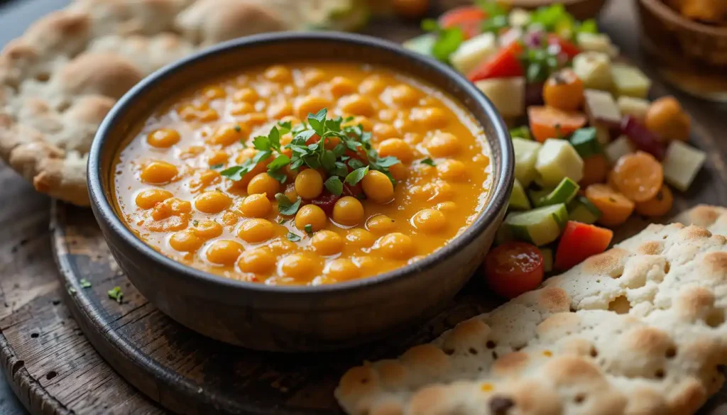 A bowl of Joan Nathan’s iconic chickpea soup garnished with fresh parsley, served with flatbread and a side of colorful chopped salad.