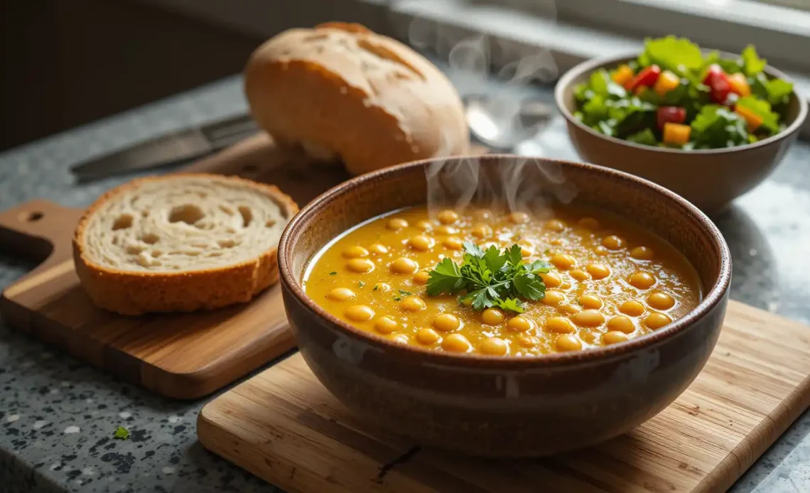 A steaming bowl of Joan Nathan’s Iconic Chickpea Soup garnished with parsley, served with crusty bread and a fresh salad on the side.