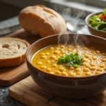 A steaming bowl of Joan Nathan’s Iconic Chickpea Soup garnished with parsley, served with crusty bread and a fresh salad on the side.