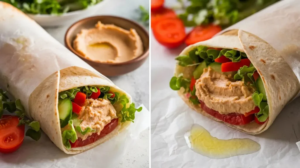 A fresh roasted vegetable and hummus wrap featuring vibrant greens, tomatoes, and cucumbers with creamy hummus inside a tortilla.