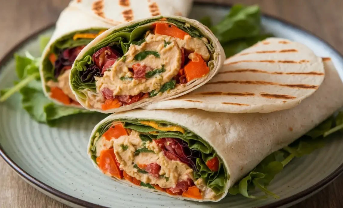 A roasted vegetable and hummus wrap sliced in half, filled with colorful vegetables, leafy greens, and creamy hummus, served on a plate with fresh lettuce.