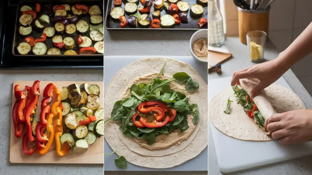 Step-by-step process of making a roasted vegetable and hummus wrap, featuring roasted vegetables, hummus spread, fresh greens, and the rolling of the wrap.