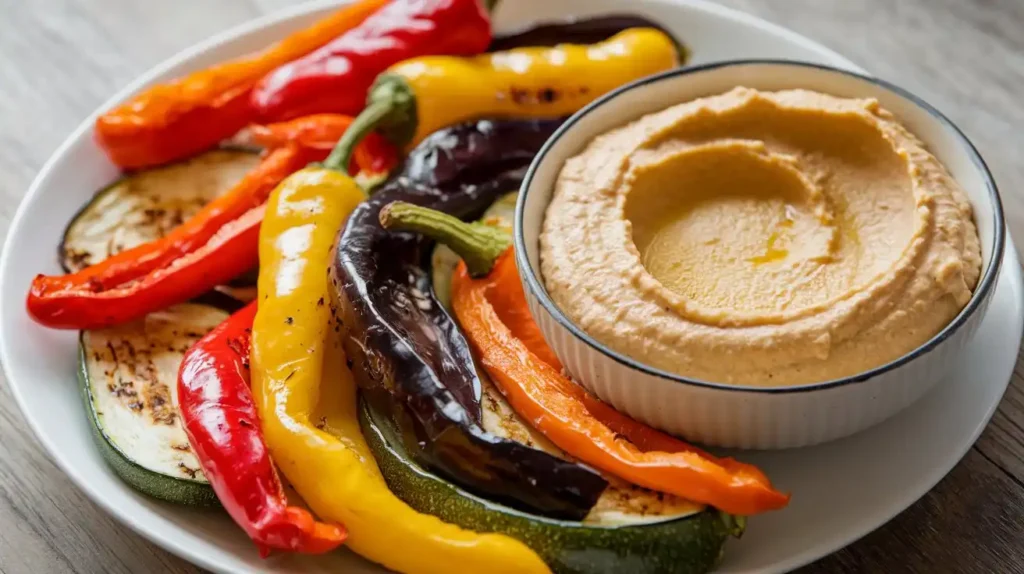 A plate of colorful roasted vegetables including bell peppers, zucchini, and eggplant served with a bowl of creamy hummus.