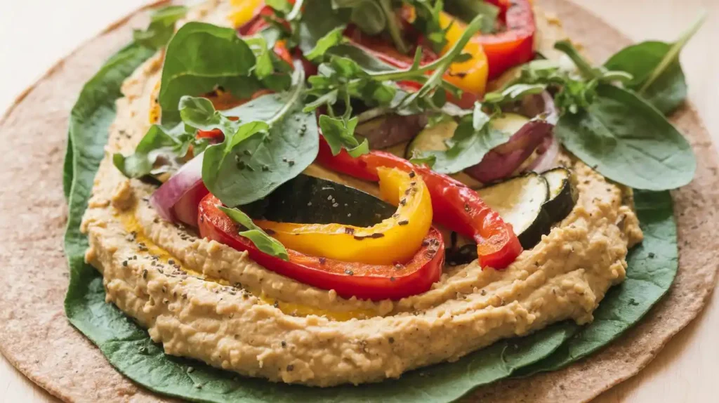 An open roasted vegetable and hummus wrap featuring vibrant roasted bell peppers, zucchini, red onion, and fresh leafy greens on a spread of creamy hummus and a whole-grain tortilla.