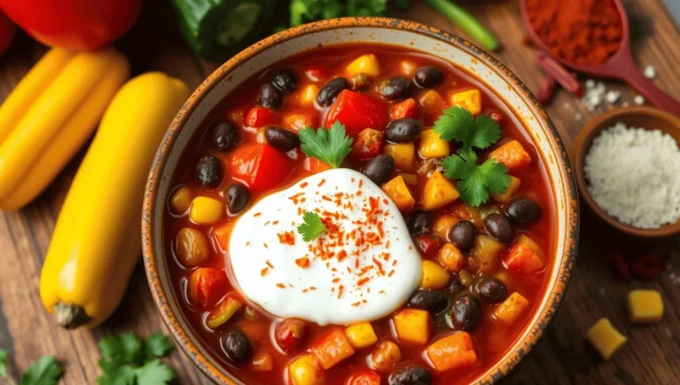 A colorful bowl of easy black bean vegetarian chili topped with spiced yogurt, garnished with fresh cilantro, and surrounded by vibrant vegetables and spices.