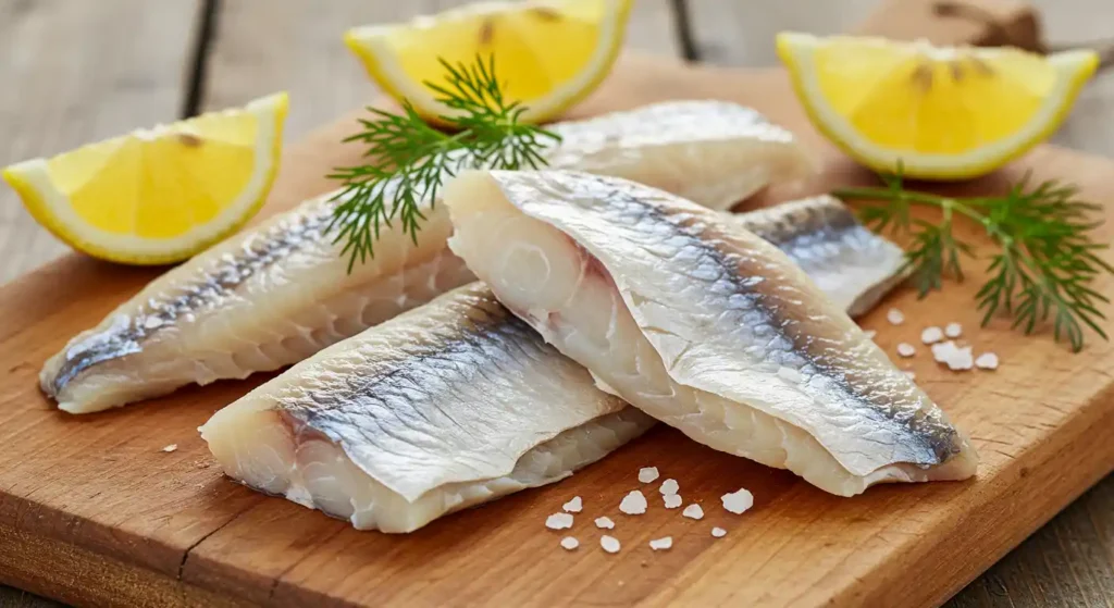 Fresh Matjes fillets prepared for a Matjesbrötchen recipe, garnished with dill and served with lemon wedges on a wooden cutting board.