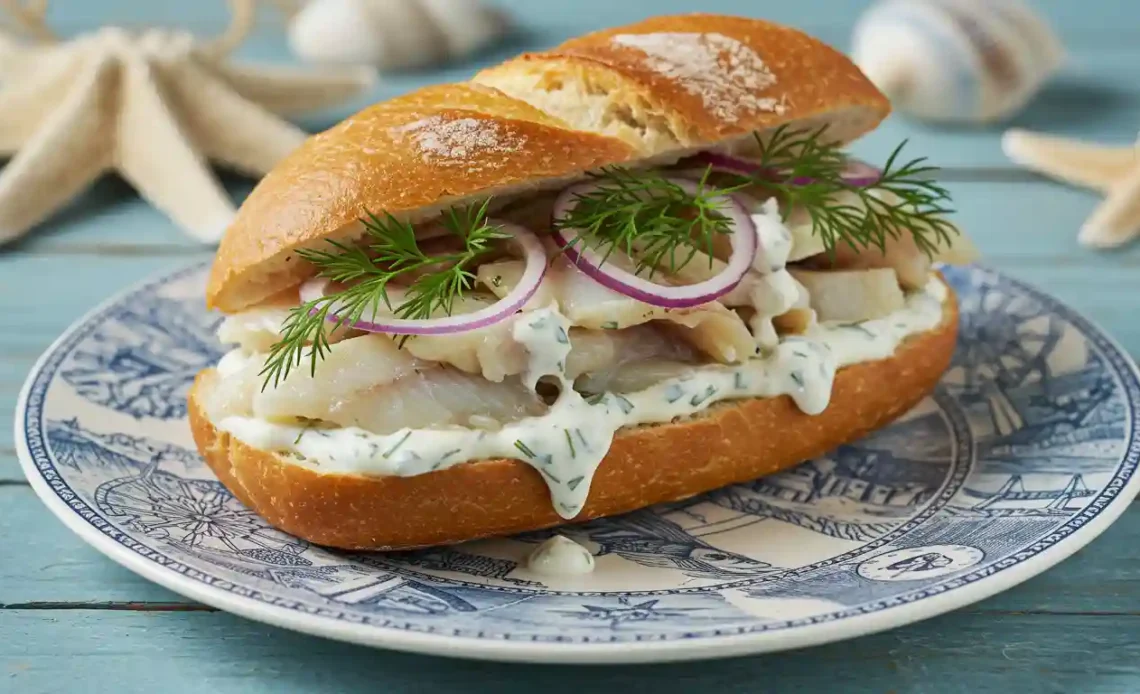 Delicious Matjesbrötchen recipe with pickled herring, creamy dill sauce, and fresh toppings on a crusty bread roll served on a nautical-themed plate.