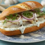 Delicious Matjesbrötchen recipe with pickled herring, creamy dill sauce, and fresh toppings on a crusty bread roll served on a nautical-themed plate.