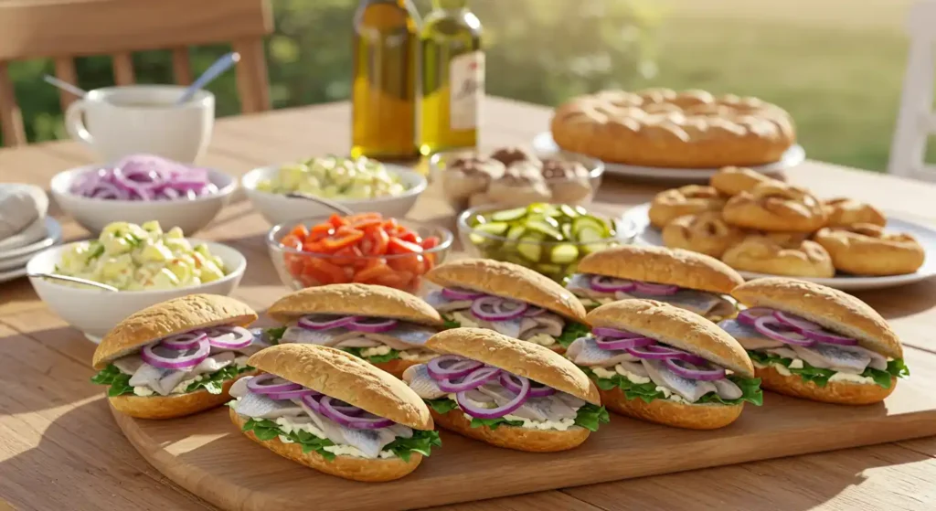 Freshly prepared Matjesbrötchen arranged on a wooden serving board, surrounded by bowls of vegetables and bread, perfect for a traditional German meal