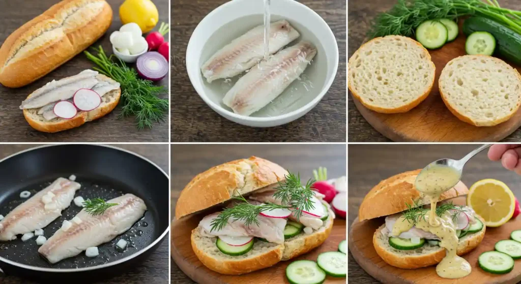 Step-by-step preparation of a Matjesbrötchen recipe, showing Matjes fillets, bread rolls, fresh vegetables, and mustard sauce being assembled into a traditional German sandwich.