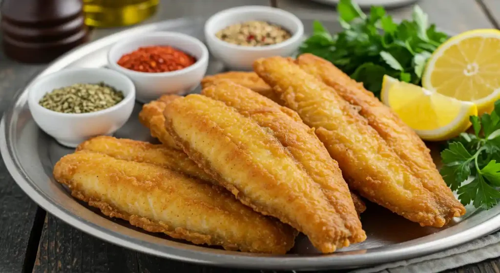 Golden fried fish fillets seasoned with the Hillbilly Fish Fry Seasonings Recipe, served on a platter with fresh parsley, lemon wedges, and small bowls of spices.