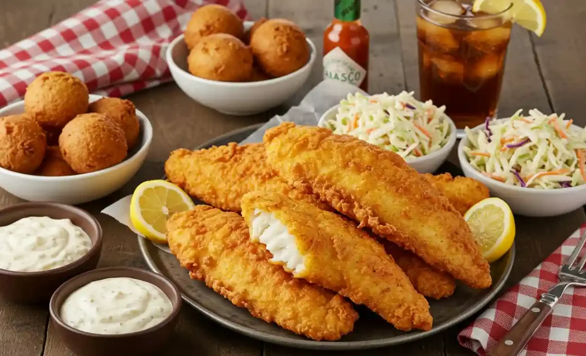 A plate of crispy golden fish fillets with hushpuppies, coleslaw, tartar sauce, and iced tea, showcasing a Hillbilly Fish Fry Seasonings Recipe.