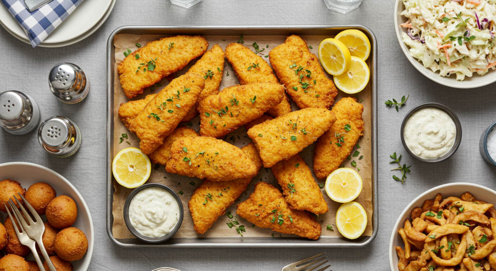 A tray of golden, crispy fish fillets made using the Hillbilly Fish Fry Seasonings Recipe, served with lemon wedges, tartar sauce, coleslaw, hushpuppies, and fries.