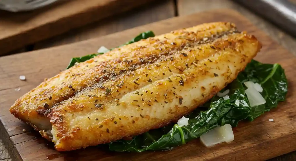 A seasoned, pan-fried fish fillet on a bed of sautéed greens, highlighting the Hillbilly Fish Fry Seasonings Recipe.