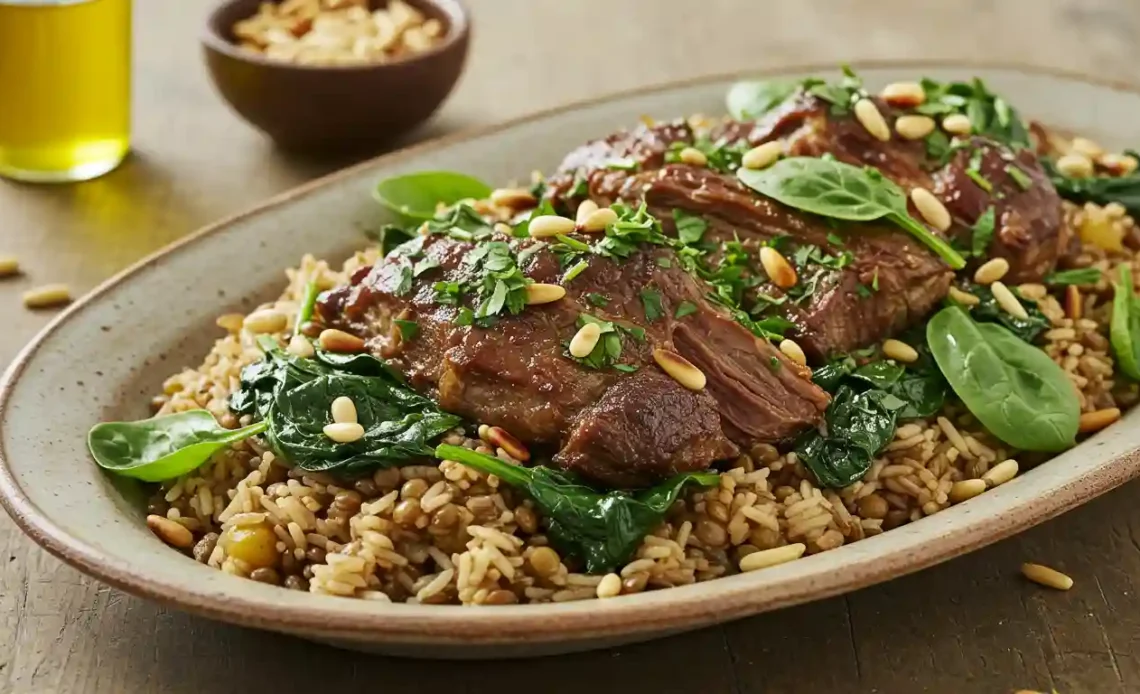 A flavorful Lebanese lamb lentils rice spinach recipe with tender lamb, vibrant spinach, and a bed of fluffy rice.