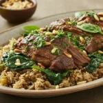 A flavorful Lebanese lamb lentils rice spinach recipe with tender lamb, vibrant spinach, and a bed of fluffy rice.