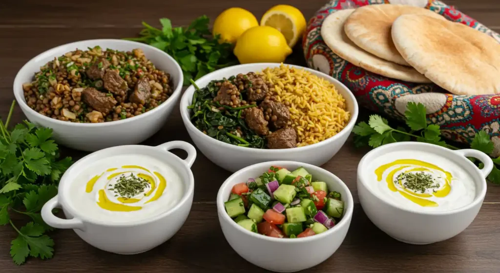 A table spread with a delicious Lebanese feast featuring lamb lentils, rice with spinach, yogurt dip, and a refreshing salad.