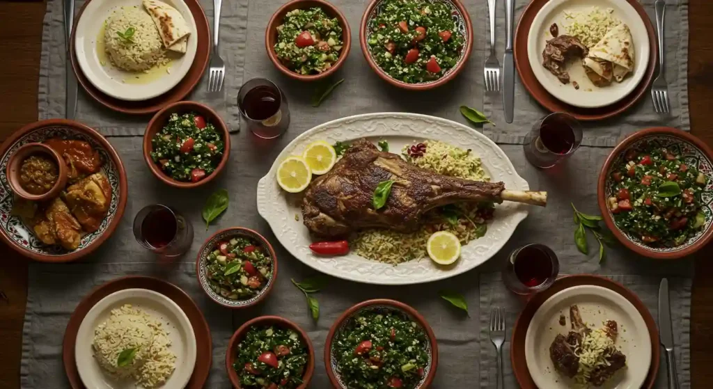 A festive Lebanese feast with a variety of dishes, including a roasted lamb leg, rice, spinach, and salads.