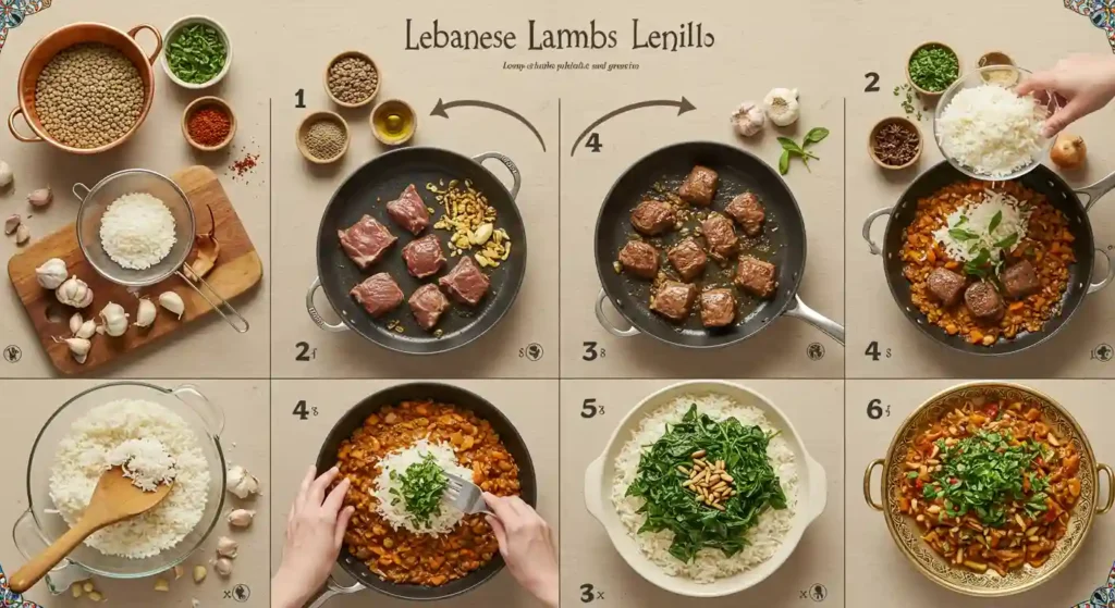 Lebanese lamb lentils rice spinach recipe steps