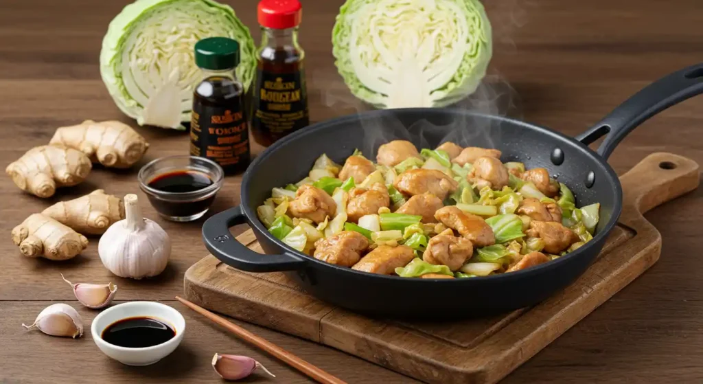 Hmong cabbage and chicken recipe in a steaming skillet on a wooden cutting board, surrounded by fresh cabbage, ginger, garlic, soy sauce, and fish sauce.