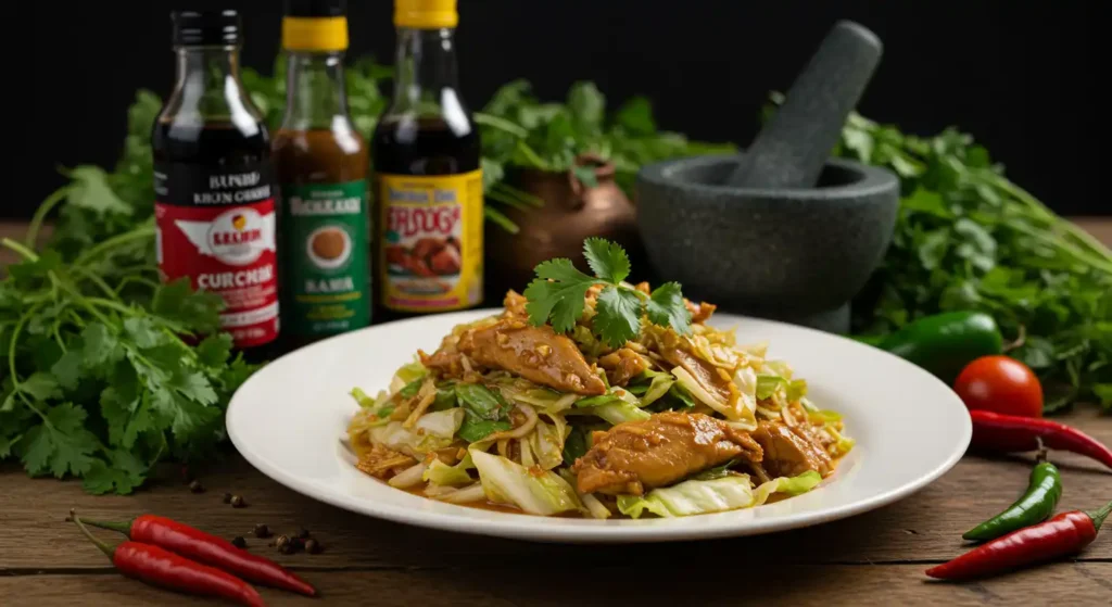 Hmong cabbage and chicken recipe served on a white plate, garnished with cilantro, surrounded by bottles of sauces, fresh herbs, chili peppers, and a mortar and pestle.