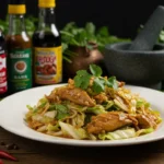 Hmong cabbage and chicken recipe served on a white plate, garnished with cilantro, surrounded by bottles of sauces, fresh herbs, chili peppers, and a mortar and pestle.