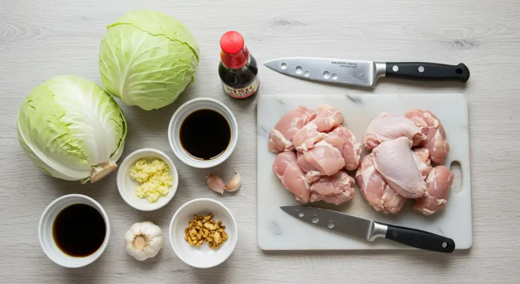  Ingredients for Hmong cabbage and chicken recipe, including fresh cabbage, raw chicken, soy sauce, minced garlic, and ginger on a cutting board with knives.