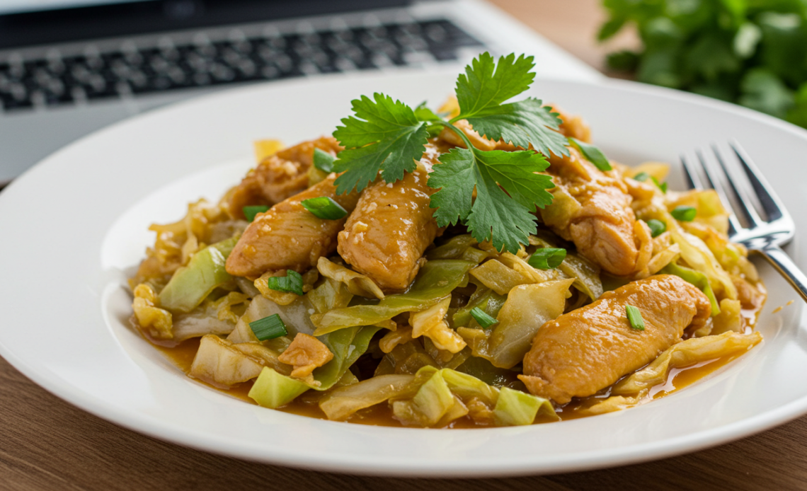 Hmong cabbage and chicken recipe served on a white plate, featuring tender chicken, sautéed cabbage, and garnished with fresh cilantro and green onions, with a fork on the side.