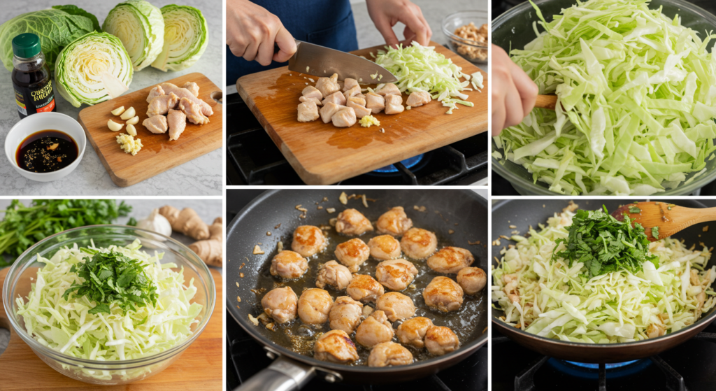 Step-by-step preparation of Hmong cabbage and chicken recipe, featuring fresh ingredients, chopping chicken and cabbage, stir-frying chicken, and combining with cabbage and herbs in a skillet.