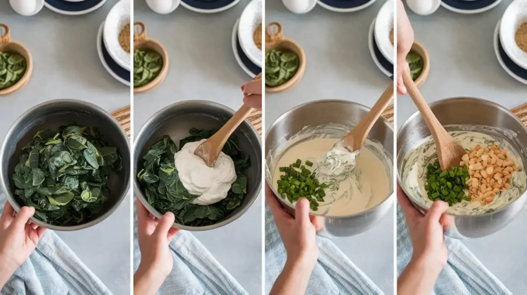 Step-by-step process of making Lipton spinach dip in a mixing bowl, featuring fresh spinach, sour cream, green onions, and water chestnuts.