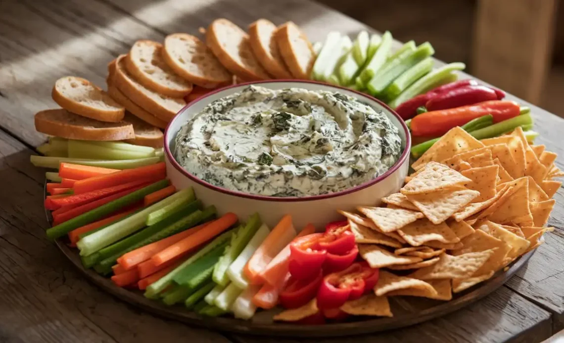 A platter featuring a bowl of creamy Lipton spinach dip surrounded by an assortment of crackers, sliced baguettes, and fresh vegetable sticks.