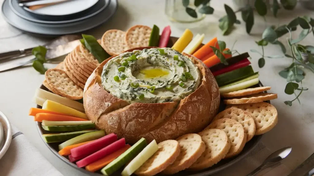 Lipton spinach dip served in a bread bowl surrounded by fresh vegetables, crackers, and bread slices.